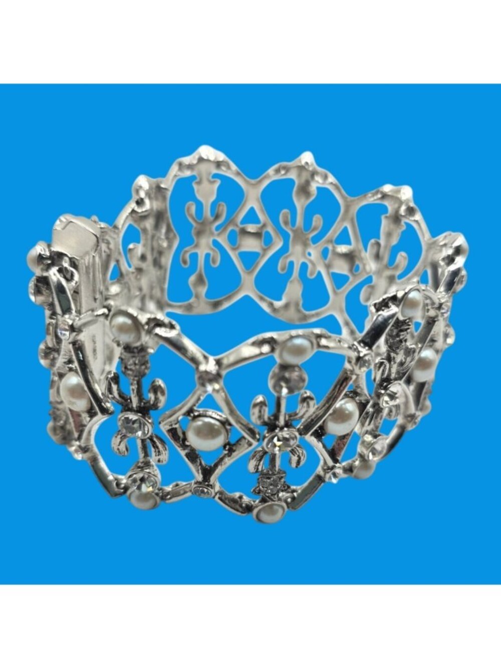 Vtg Monet bracelet Silver-Tone Filigree Faux Pearls Rhinestones womens Jewelry